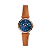 Fossil Carlie Quarz 28 MM Damenuhr in Silber Blau, Lederband - ES4701